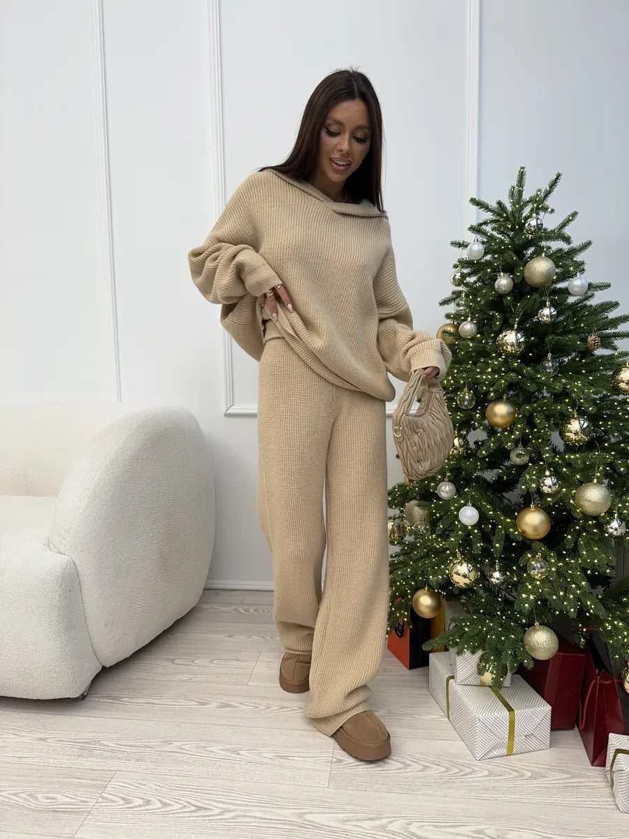 Women's elegant cashmere-like knit set with asymmetric waterfall collar and flowing palazzo knit trousers Mune Fashion