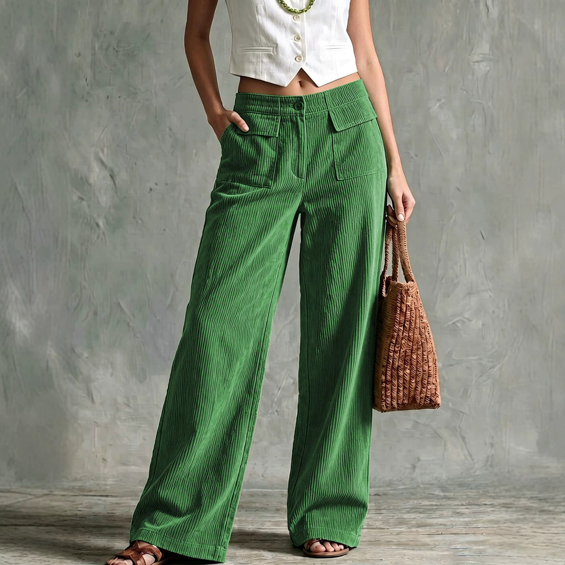 Women's Wide Cord Palazzo Pants with High Waist and Flap Pockets Mune Fashion