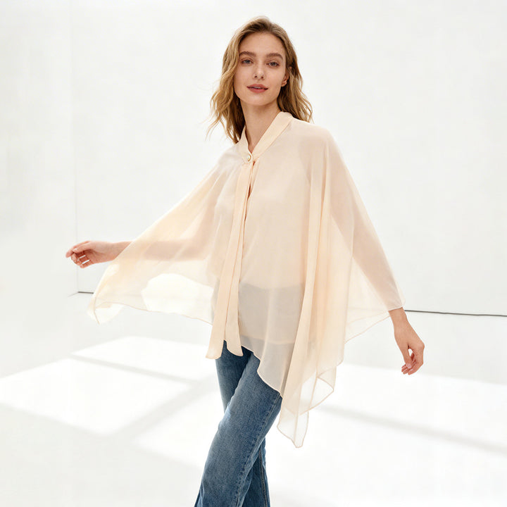 Women's Chiffon Cape with Bow Collar and Decorative Button Mune Fashion