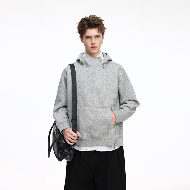 Unisex Asymmetric Hoodie with High Collar, Diagonal Zipper and Kangaroo Pocket Drune