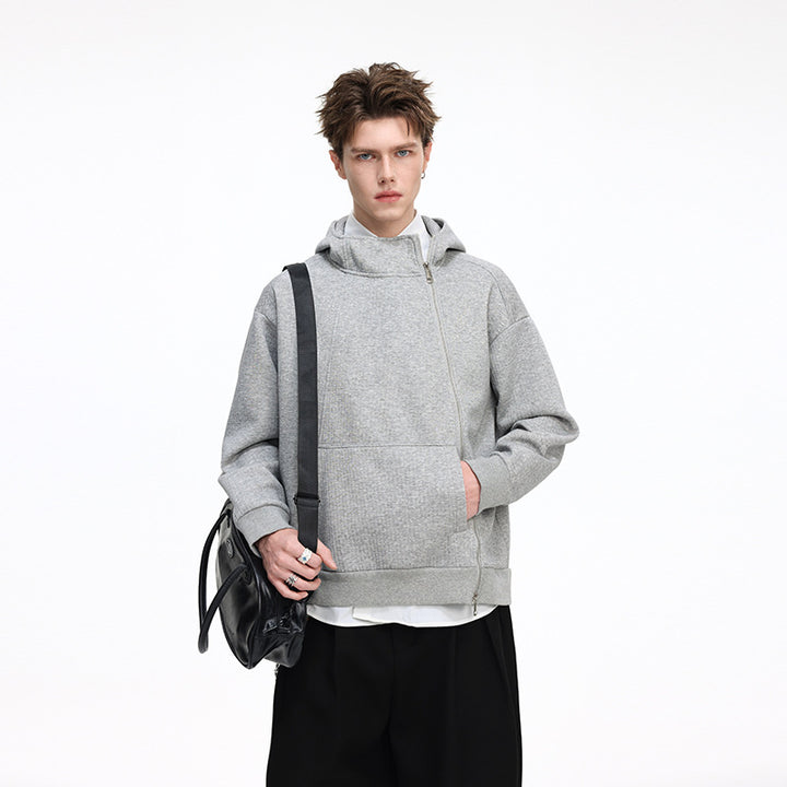 Unisex Asymmetric Hoodie with High Collar, Diagonal Zipper and Kangaroo Pocket Drune
