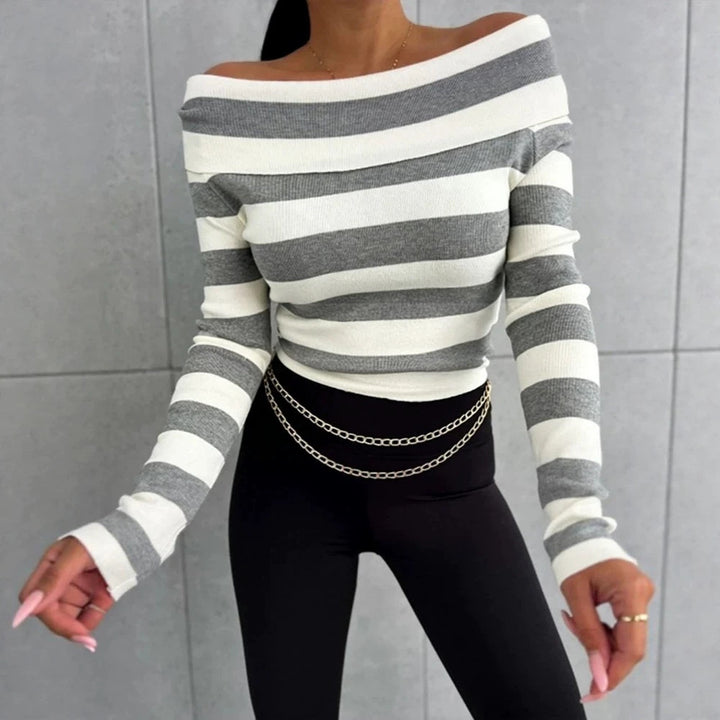 Women Casual Striped Off-Shoulder Top Mune Fashion
