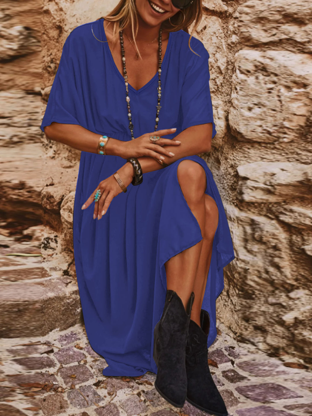 Women's Long Boho Maxi Dress with V-Neck, Wide Batwing Sleeves and High Slit Drune