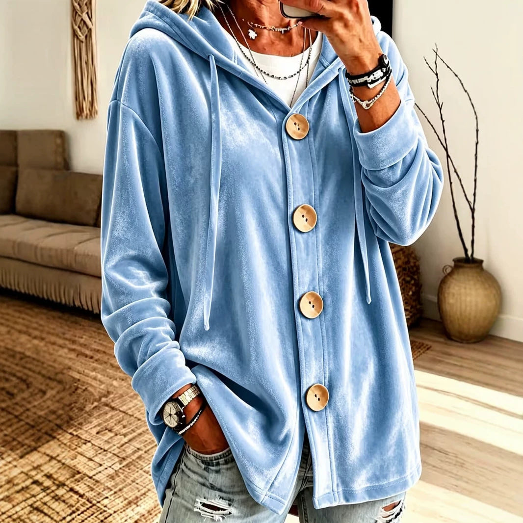 Women's Oversize Hooded Velvet Jacket with Large Wooden Buttons and Soft Velour Lining Mune Fashion