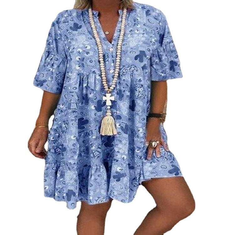 Women's A-line tunic mini dress with V-neck, tiered ruffles, and Boho bandana print Mune Fashion