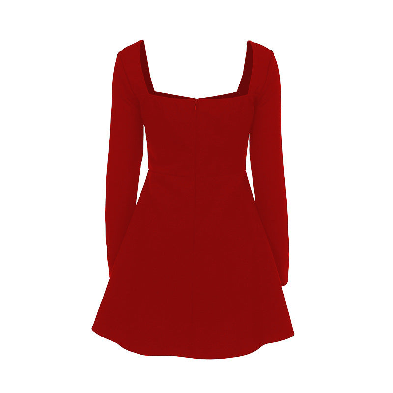 Damen tailliertes Skater-Minikleid mit quadratischem Ausschnitt und langen Ärmeln Mune Fashion