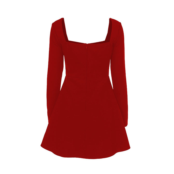 Damen tailliertes Skater-Minikleid mit quadratischem Ausschnitt und langen Ärmeln Mune Fashion