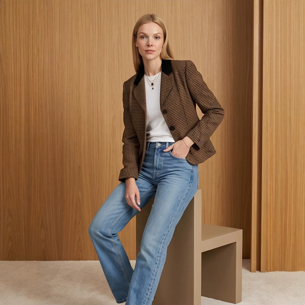 Women Tailored Houndstooth Blazer with Velvet Collar and Two-Button Placket Mune Fashion