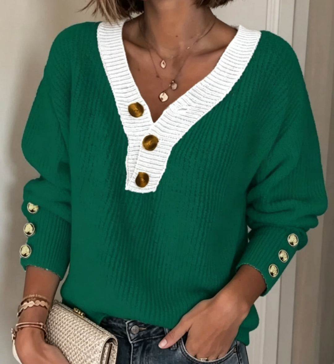 Women’s fine knit sweater with deep V-neck, contrasted button placket and decorative button sleeves Mune Fashion