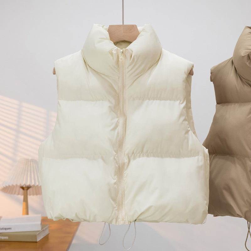 Women's Short Cut Quilted Down Vest with Stand-up Collar and Drawstring Mune Fashion
