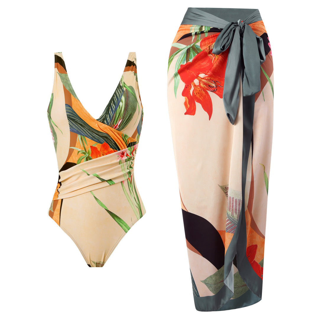 Women's swim set with floral wrap skirt and one-piece Mune Fashion