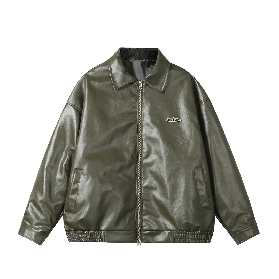 Ladies Oversize Smooth Leather Look Blouson Jacket with Elastic Hem and Metal Logo Mune Fashion