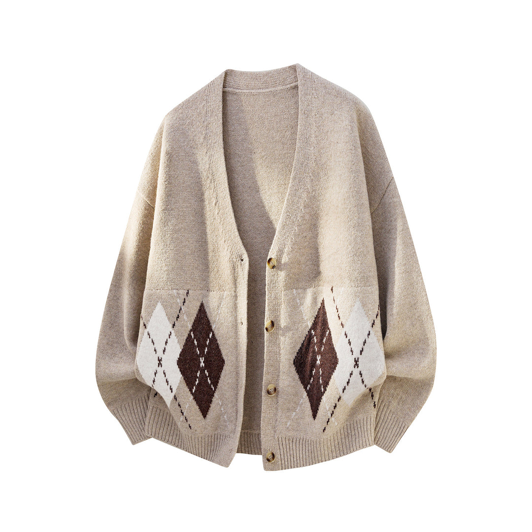 Women Oversized Knit Cardigan with Argyle Pattern and V-Neck Mune Fashion