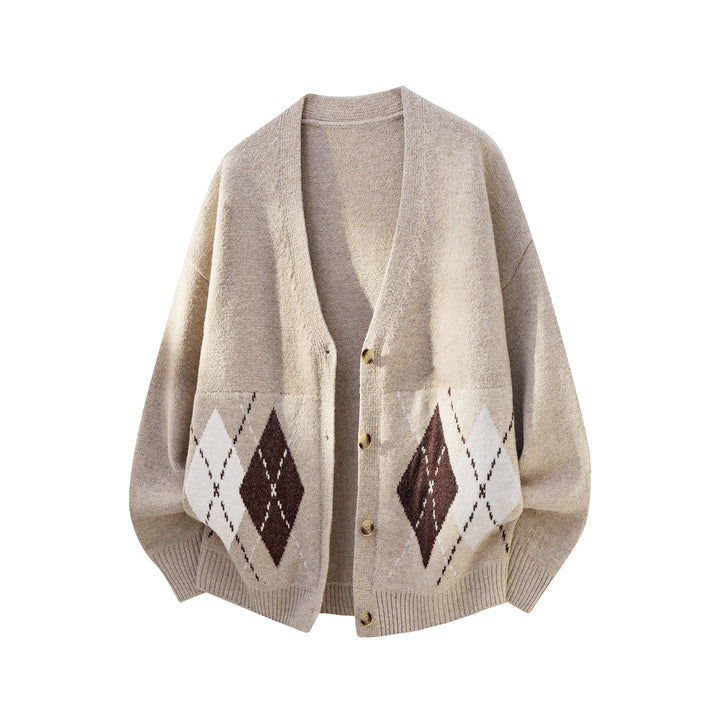 Women Oversized Knit Cardigan with Argyle Pattern and V-Neck Mune Fashion