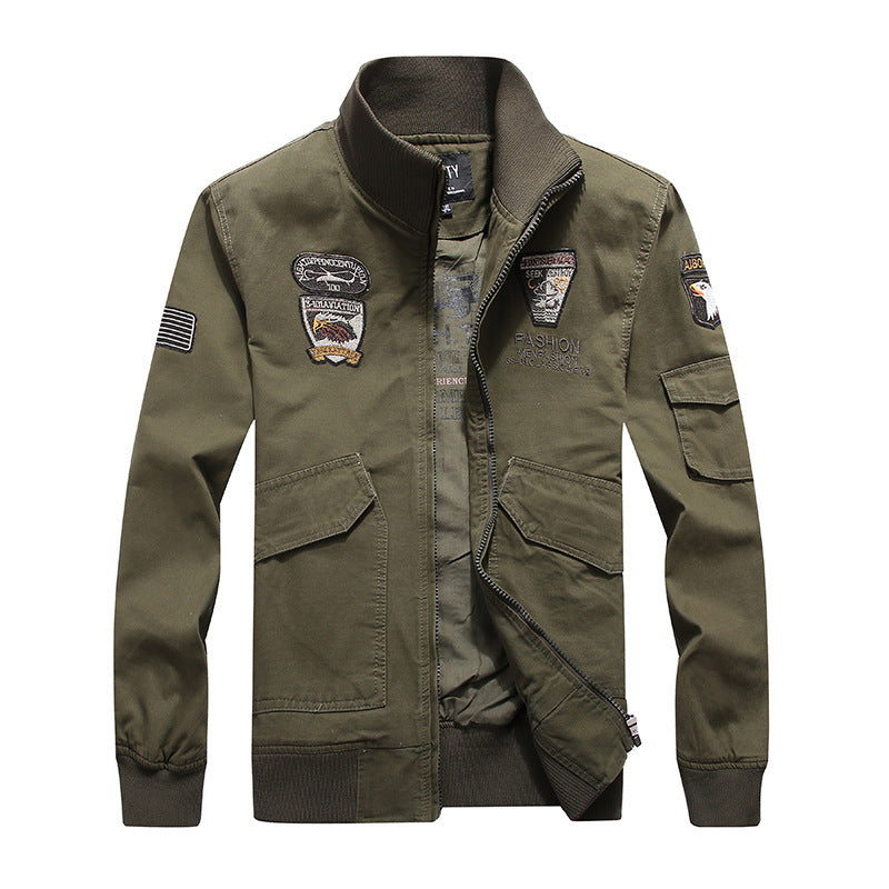 Men's Canvas Pilot Jacket with Embroidered Patches, Multiple Pockets, and Ribbed Cuffs Mune Fashion