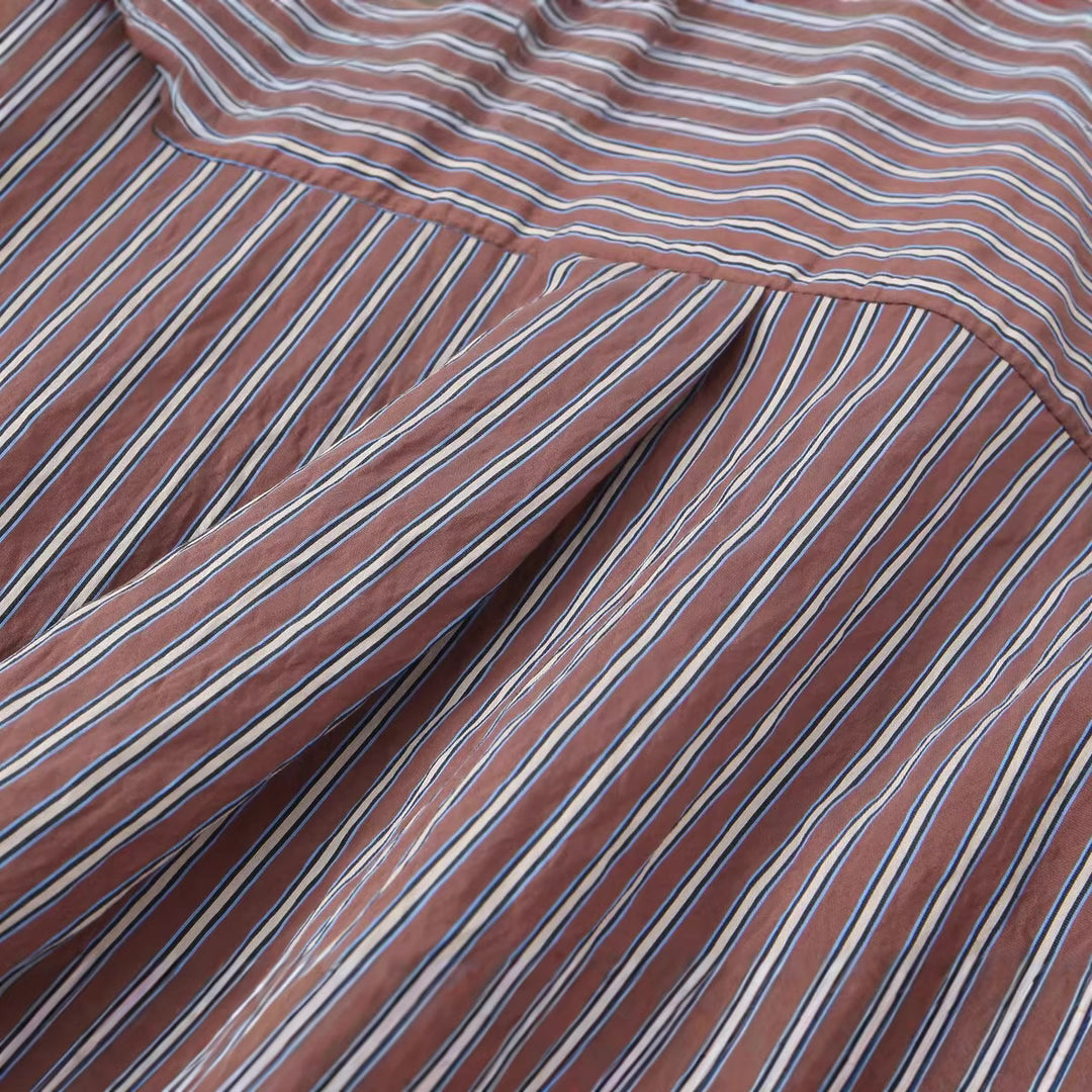 Women's Oversized Shirt Blouse with Vertical Stripe Pattern and Full Button Placket Mune Fashion