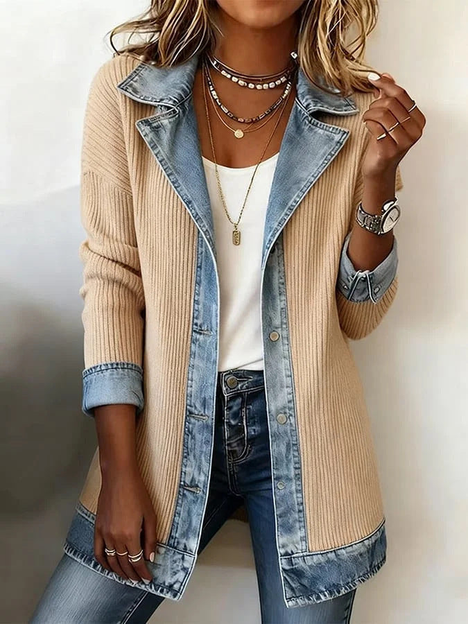 Women Long Knit Coat with Denim Collar Mune Fashion