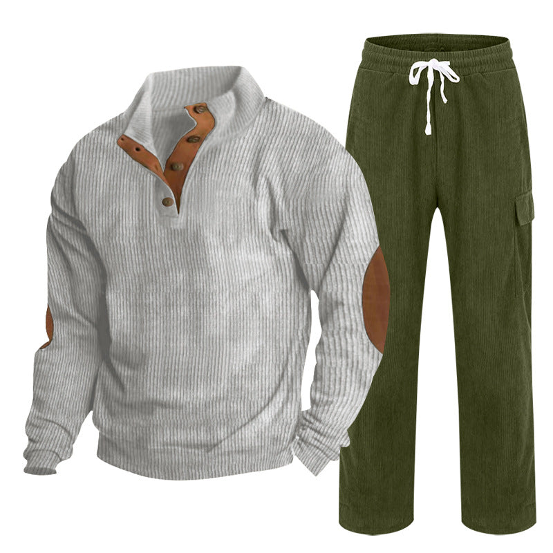 Men's Cozy Leisure Set made of Waffle Knit Henley with Elbow Patch and Relax Cargo Pants Mune Fashion