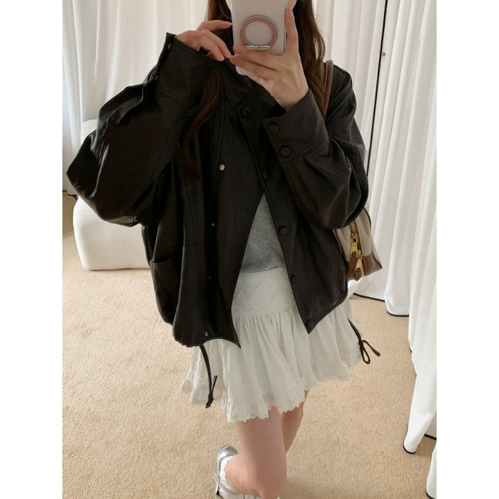 Women's Oversized Biker Jacket made of Faux Leather with Wide Lapels and Voluminous Sleeves Mune Fashion