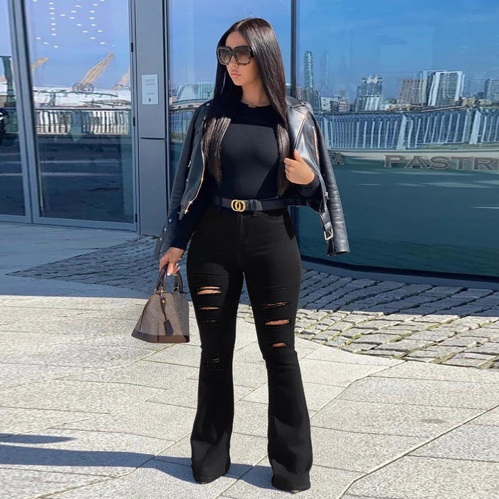 Women High-Waisted Flared Jeans with Destroyed Rips and Sculpting Stretch Cut Mune Fashion