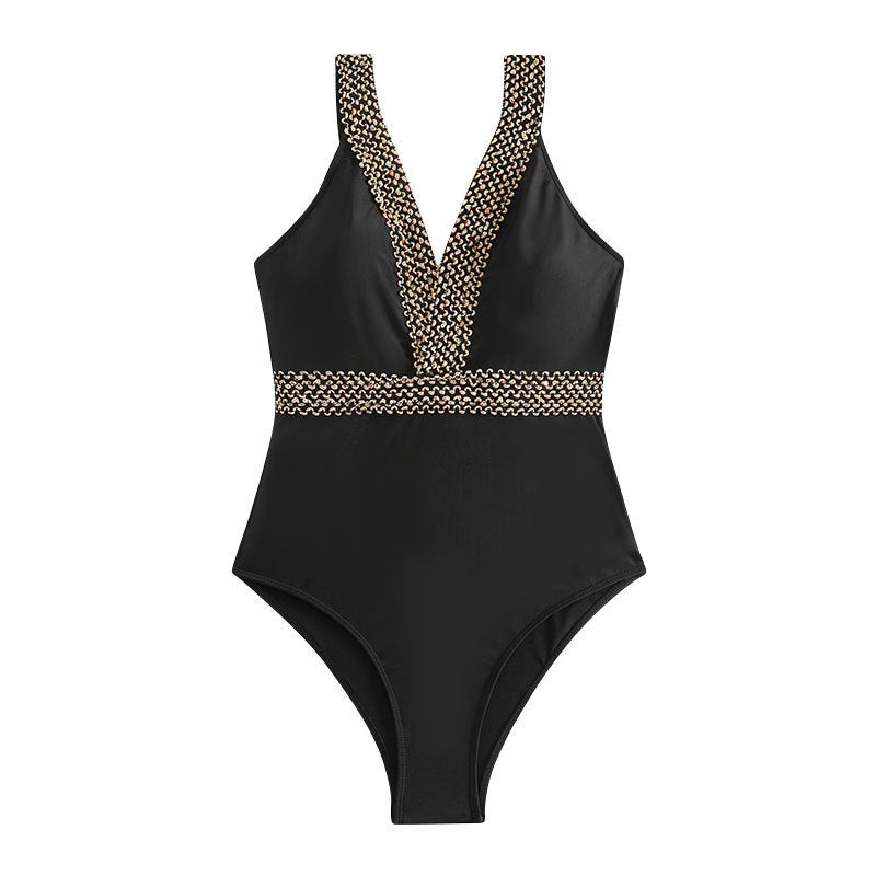 Women High-Quality One-Piece Swimsuit with Deep V-Neck and Elegant Jewelry Details Mune Fashion
