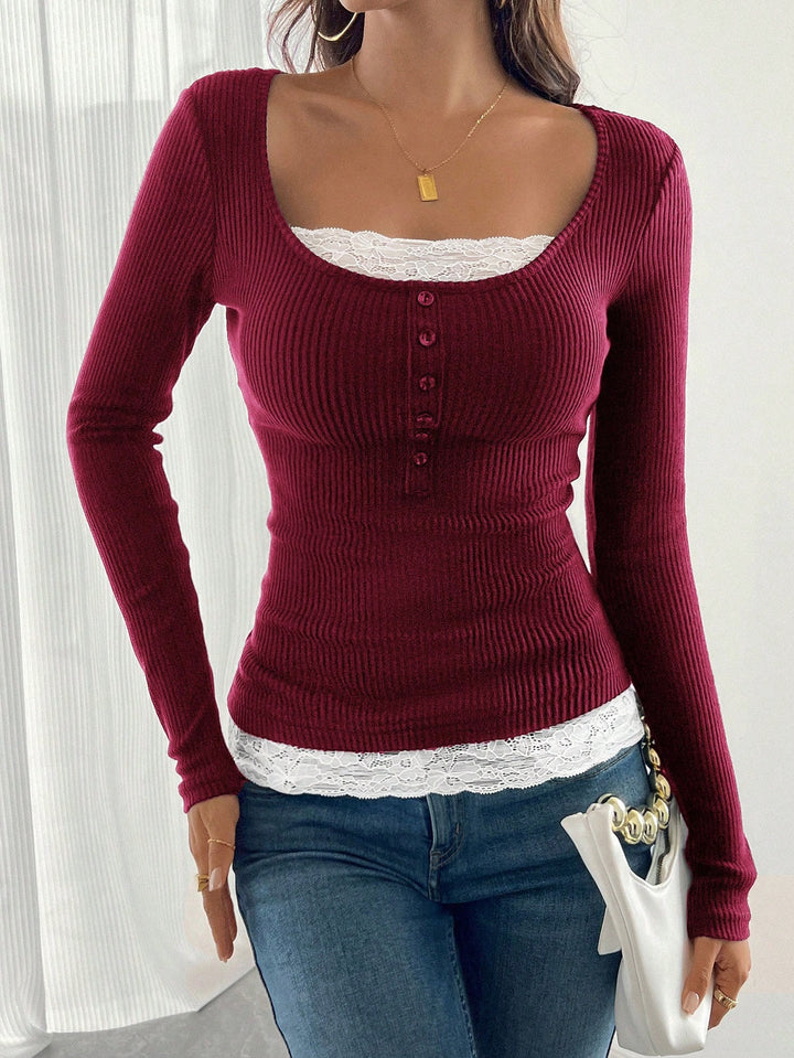 Women Fitted Ribbed Knit Top with U-Neck and Button Placket Mune Fashion