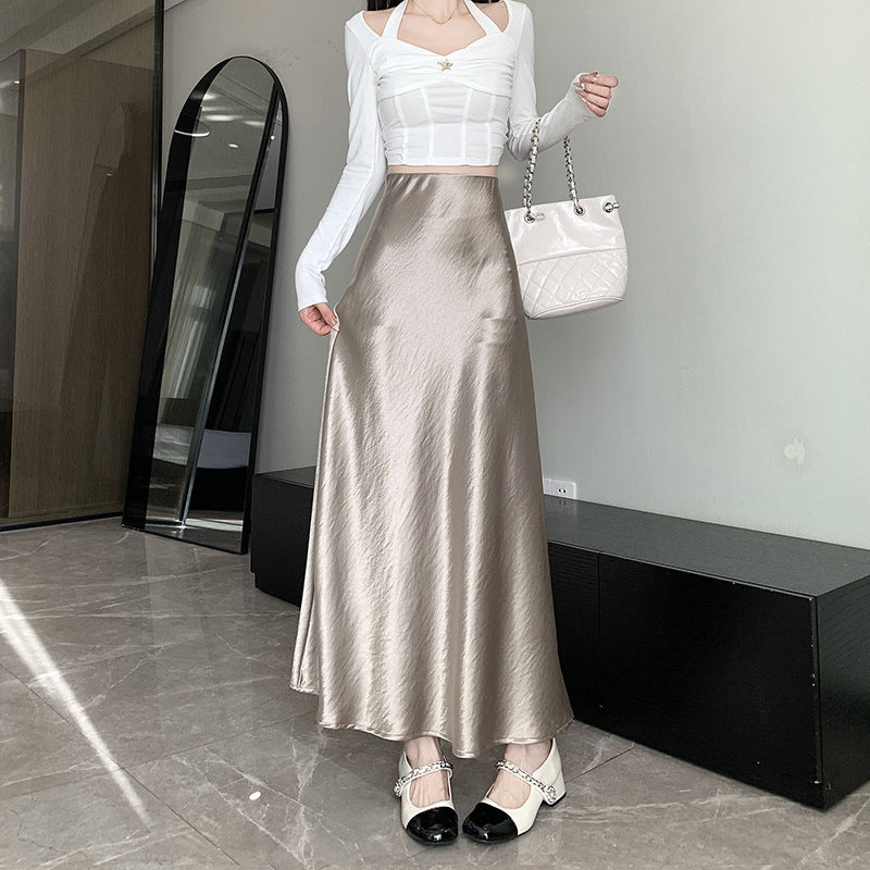 Women's elegant satin midi skirt with A-line and seamless waistband Mune Fashion