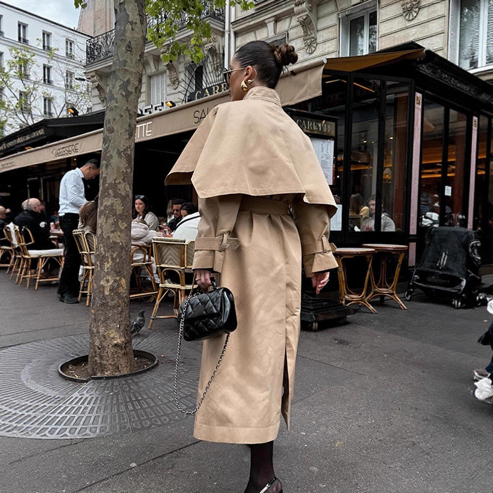 Women Long Trench Coat with Capelet, Waist Belt and Storm Collar Mune Fashion