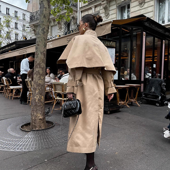 Women Long Trench Coat with Capelet, Waist Belt and Storm Collar Mune Fashion