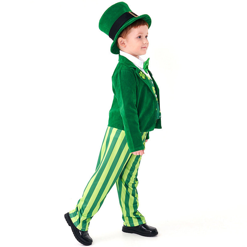 Men's costume as Irish Leprechaun with hat and detailed accents Mune Fashion