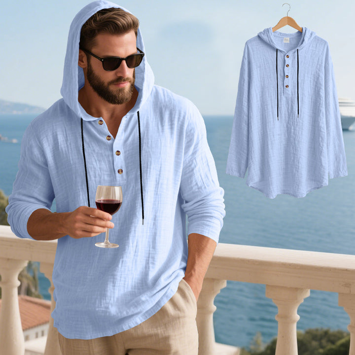 Men's casual hooded Henley shirt in linen look with continuous button placket and relaxed fit Mune Fashion