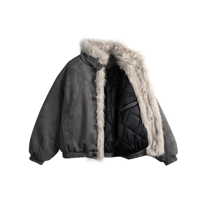 Women's short-cut bomber jacket in lambskin look with high stand-up collar and faux fur trim Mune Fashion