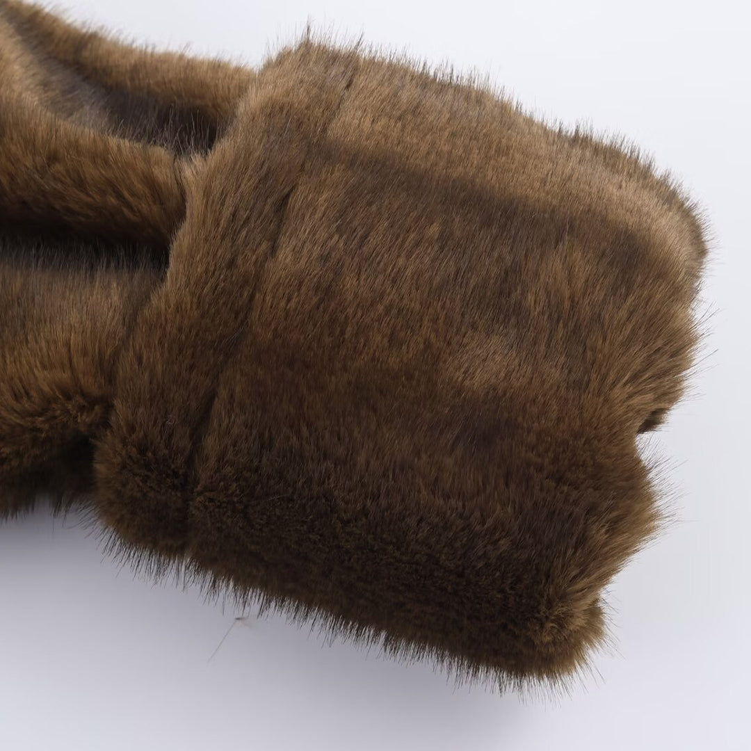 Women's Short Faux Fur Jacket with Voluminous Shawl Collar and Patch Pockets Mune Fashion