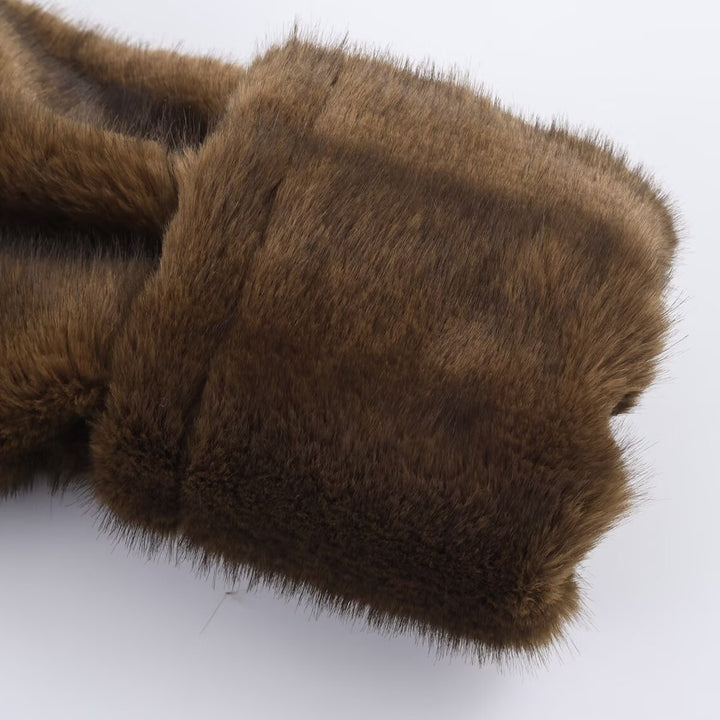 Women's Short Faux Fur Jacket with Voluminous Shawl Collar and Patch Pockets Mune Fashion