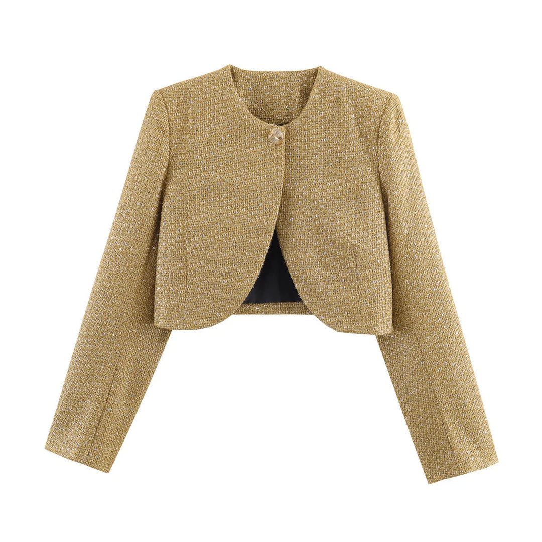 Women's Short Boucle Blazer Jacket with Round Neck and Decorative Button Mune Fashion