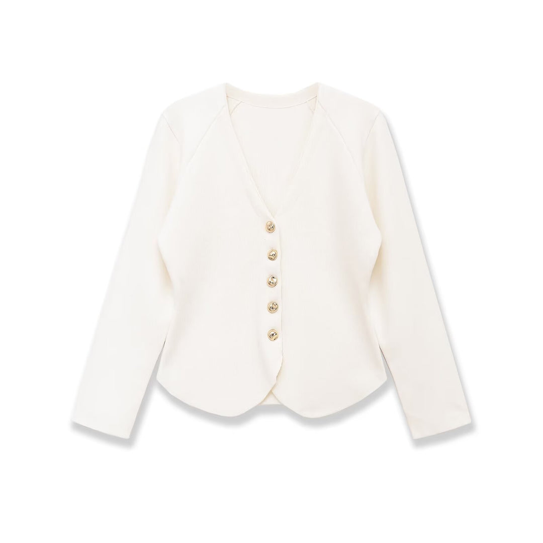Women finely structured tailored cardigan with V-neck and golden button placket Mune Fashion