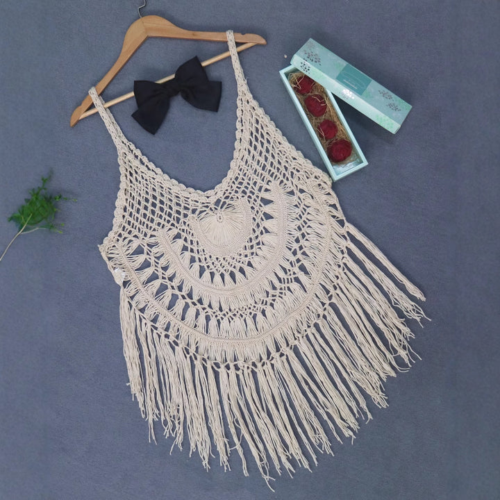 Women's airy crochet beach cover-up with colorful fringes Mune Fashion