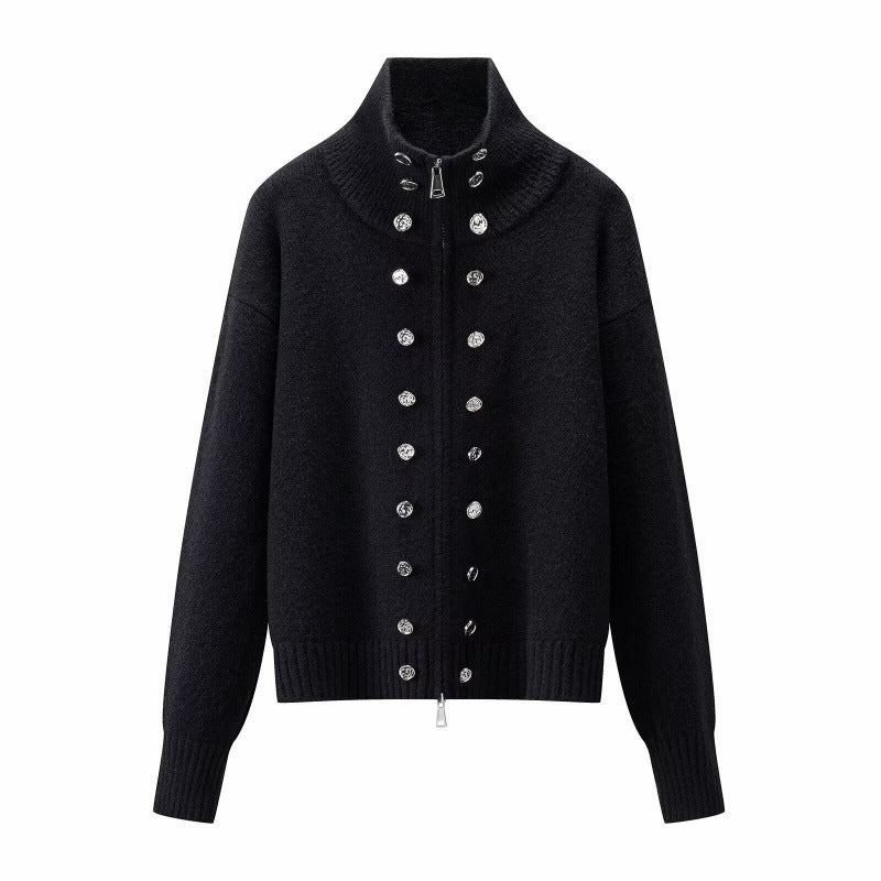 Women's Cropped Cardigan with High Standing Collar, Decorative Button Placket and Double Zipper Mune Fashion