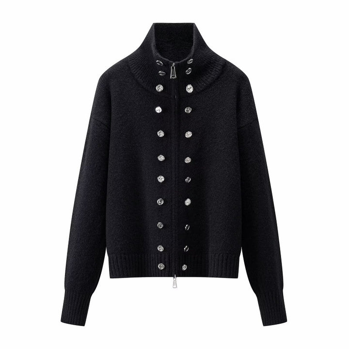 Women's Cropped Cardigan with High Standing Collar, Decorative Button Placket and Double Zipper Mune Fashion