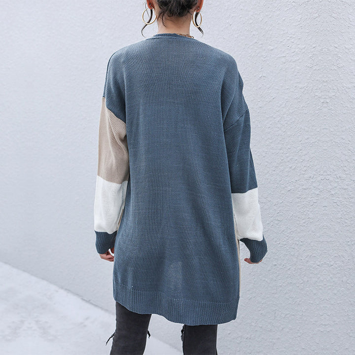 Ladies Oversize Long Cardigan with Color Block Design, Open Front and Ribbed Cuffs Mune Fashion