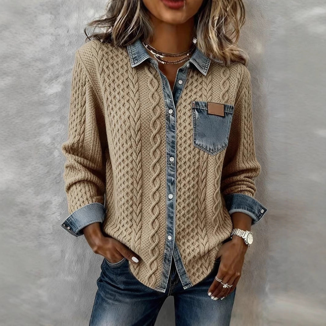Women’s knit cardigan with denim-look collar, decorative button placket and chest pocket Mune Fashion