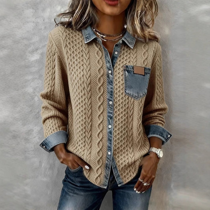 Women’s knit cardigan with denim-look collar, decorative button placket and chest pocket Mune Fashion