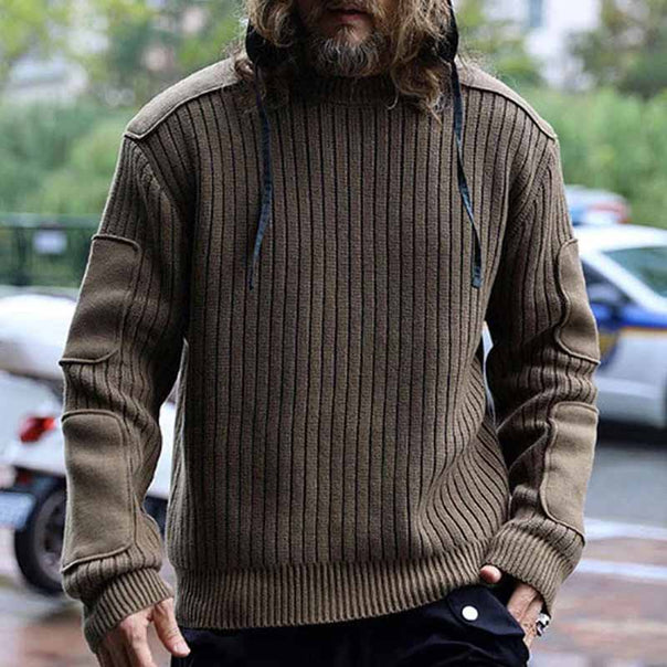 Men's Military-Inspired Ribbed Sweater with Elbow Patches and Epaulettes Mune Fashion