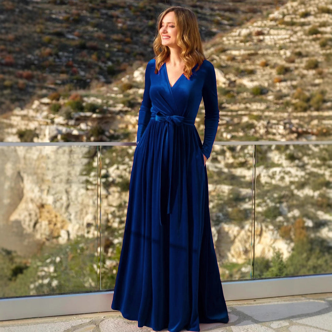 Women's elegant wrap maxi dress made of velvet with V-neck, waist belt, and side pockets Mune Fashion