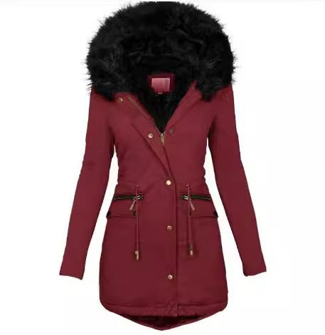 Women Slim-Fit Thermal Parka with voluminous faux fur hood and drawstring Mune Fashion