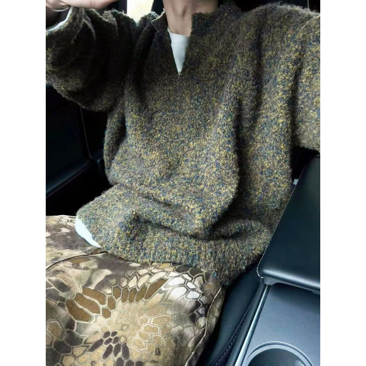 Men's Mélange Chunky Knit Sweater with V-Slit and Loose Oversized Fit Mune Fashion