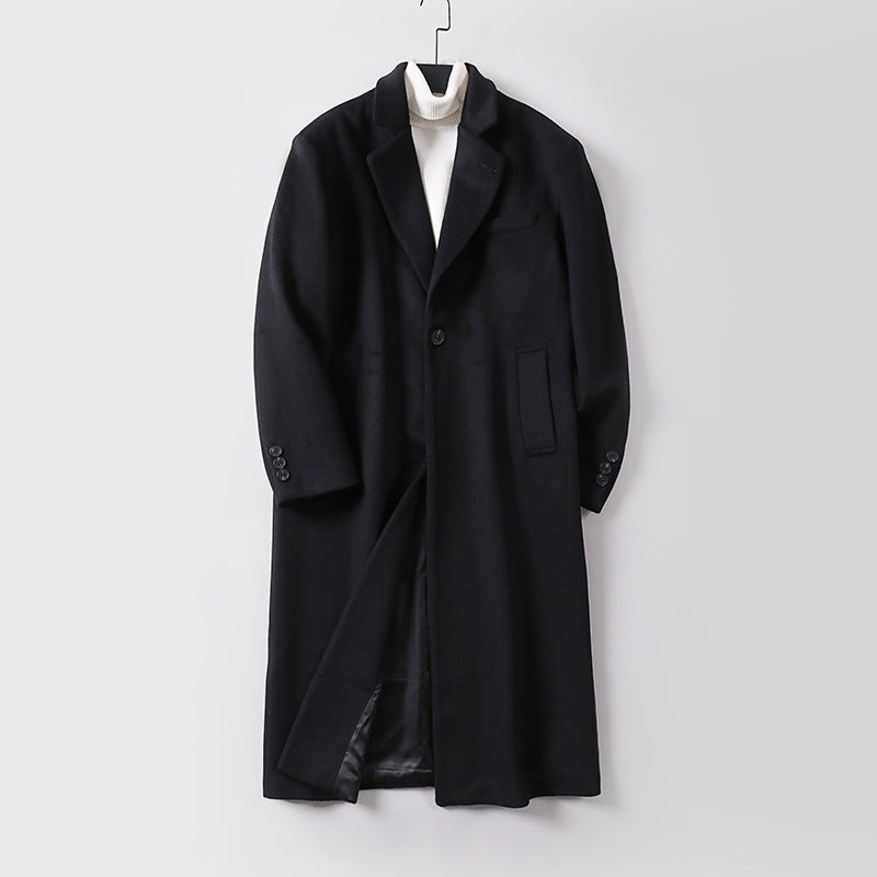 Men's Elegant Long Single-Breasted Wool Coat with Narrow Lapels and Tailored Silhouette Mune Fashion
