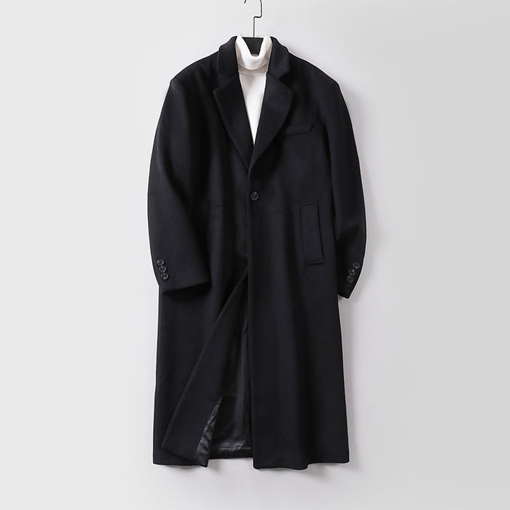Men's Elegant Long Single-Breasted Wool Coat with Narrow Lapels and Tailored Silhouette Mune Fashion