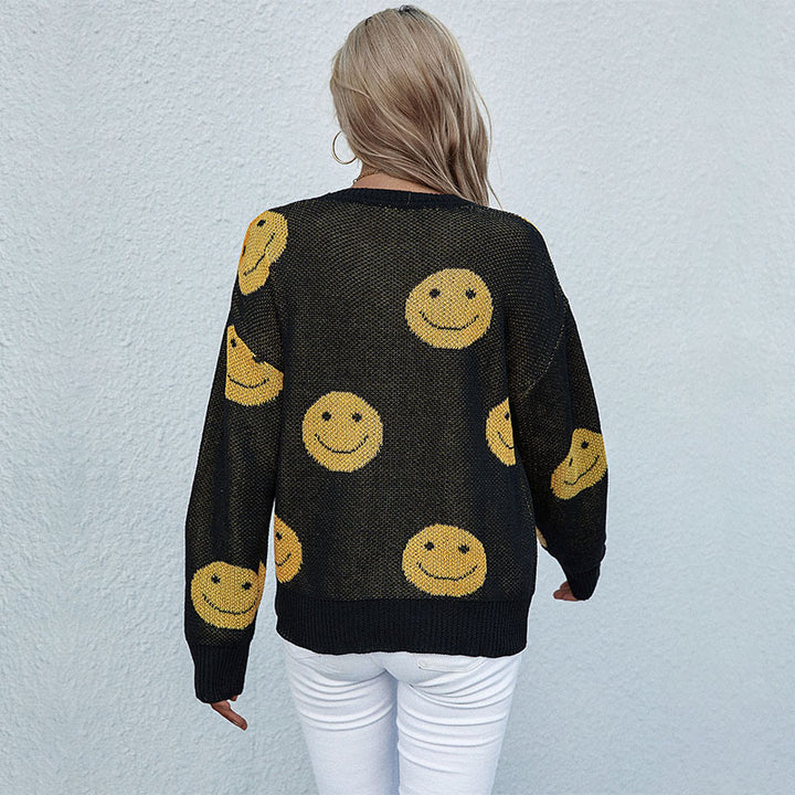 Women's casual knit sweater with smiley jacquard and round neck Mune Fashion