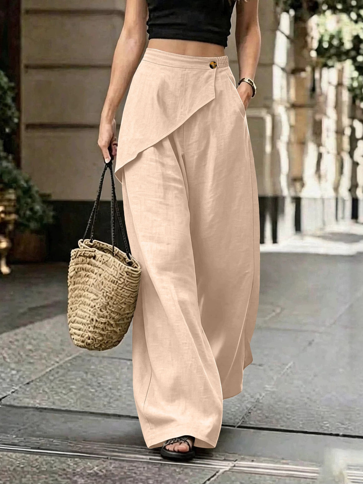 Ladies Light Linen Trousers with Wrap Front and Wide Leg Mune Fashion